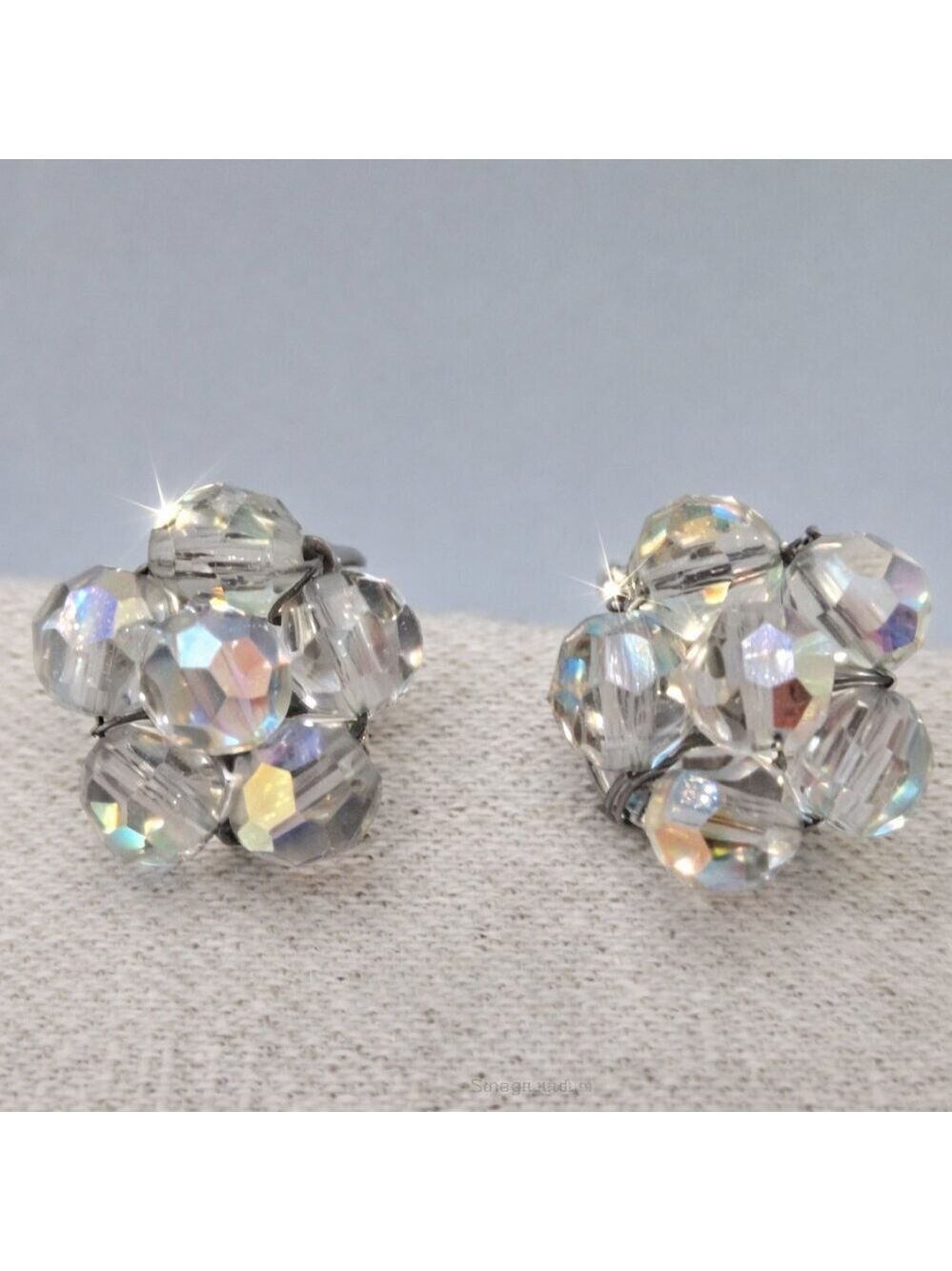 Aurora Borealis AB Vintage Clip On Handmade Beaded Flower Earrings